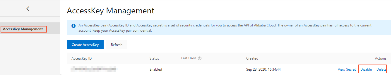View the status of the AccessKey pair