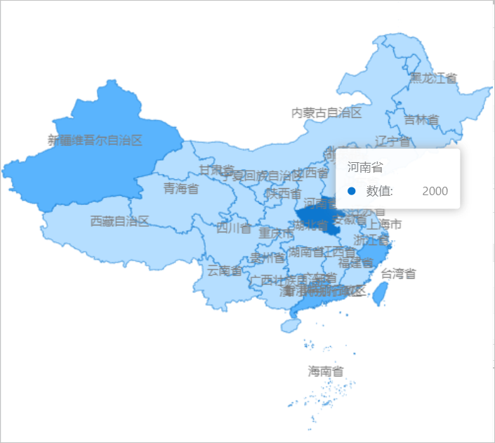 如下图所示,使用板块地图组件展示全国各省的设备数值分布情况.