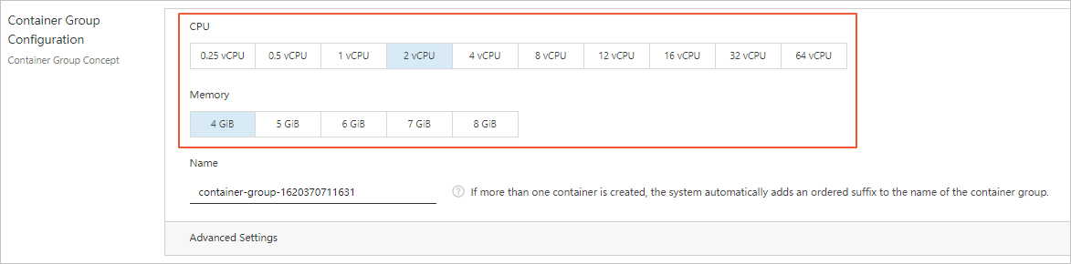 Container Group Configuration