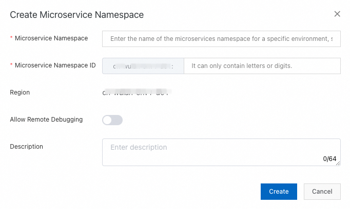 Create Microservices Namespace dialog box