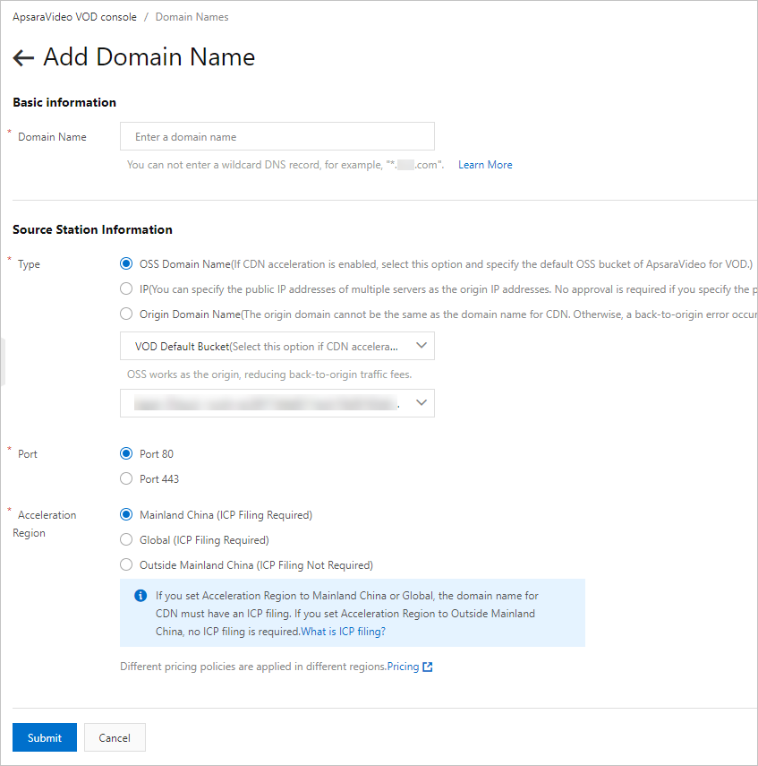 Set the domain name parameters