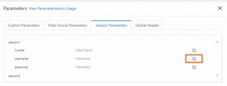 Copy a parameter from the Session Parameters panel