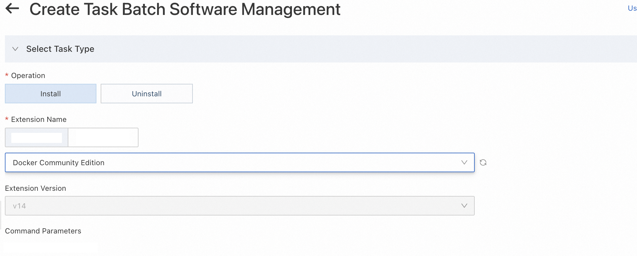 Task creation form showing operation type, version, and ECS instance selection