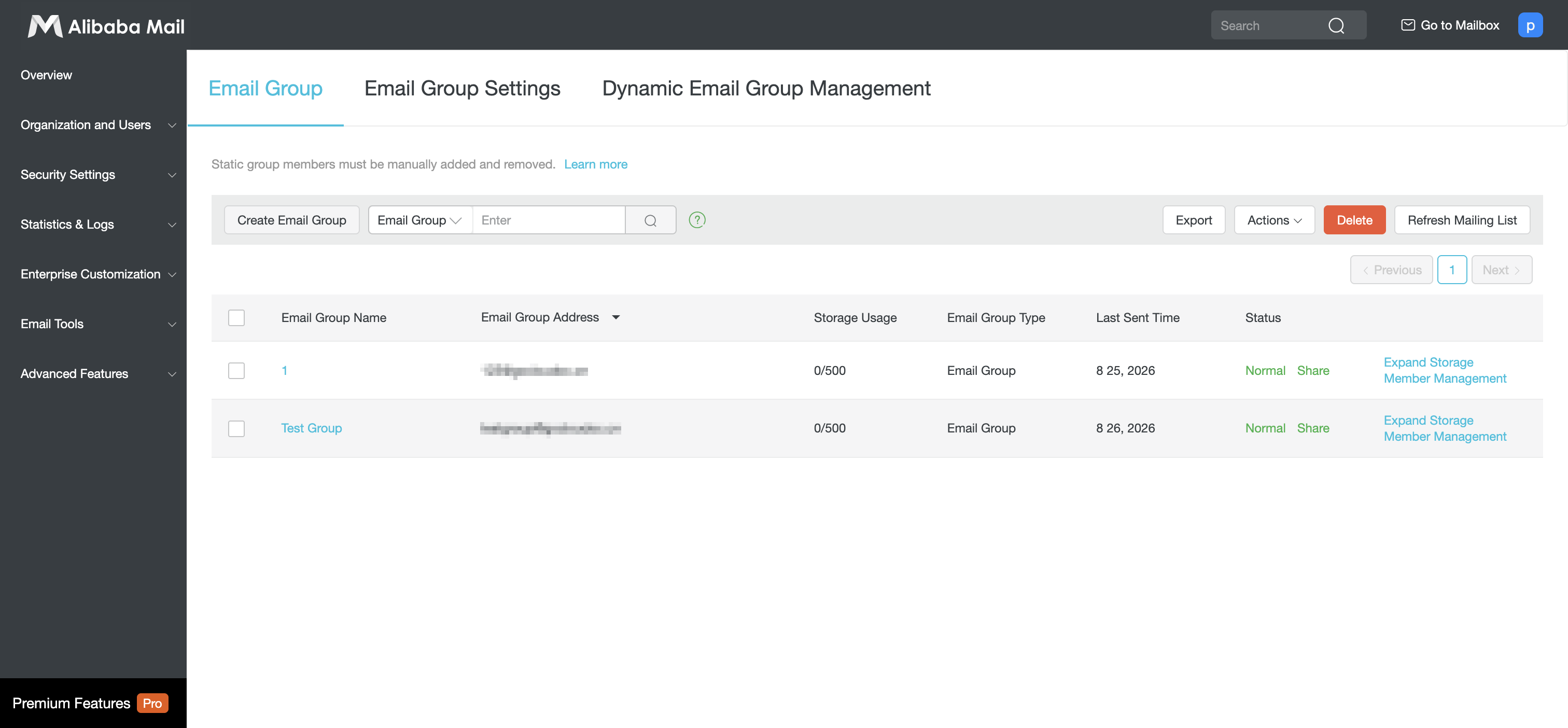 Member Management link in the mail group list
