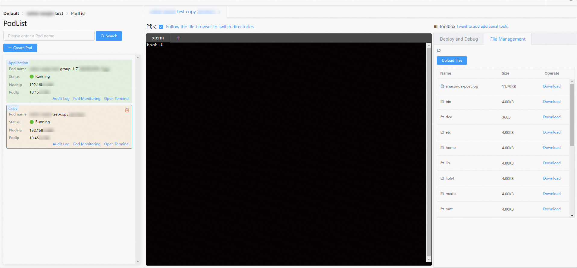 View log files in the pod