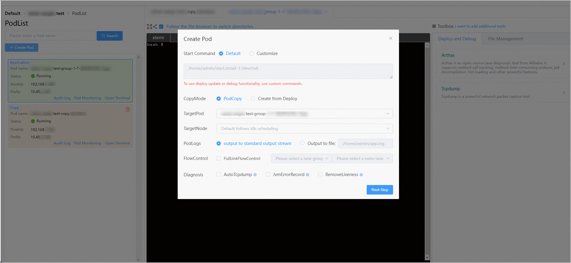 Create Pod dialog box
