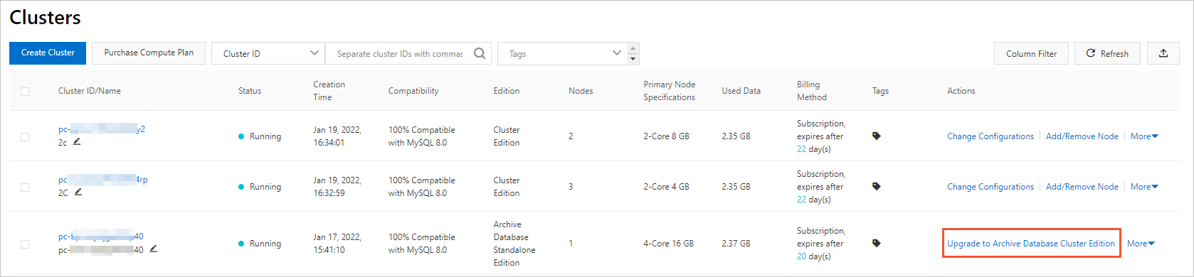 Upgrade to Archive Database Cluster Edition