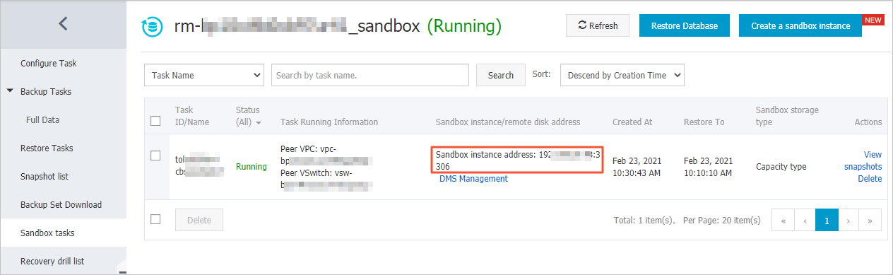 Sandbox instance address