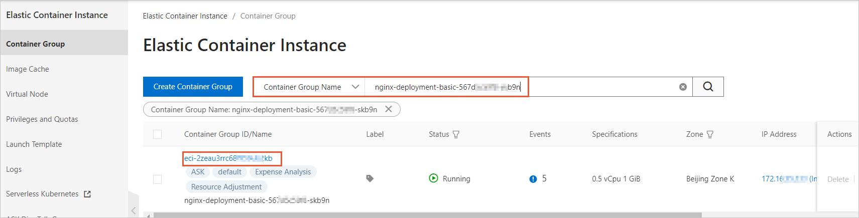 View the ID of an elastic container instance in the console