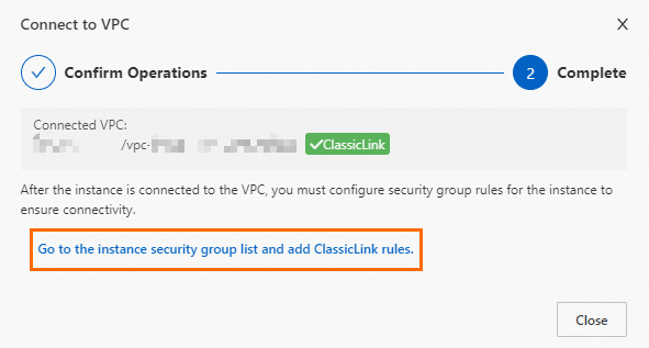 Go to the instance security group list and add ClassicLink rules