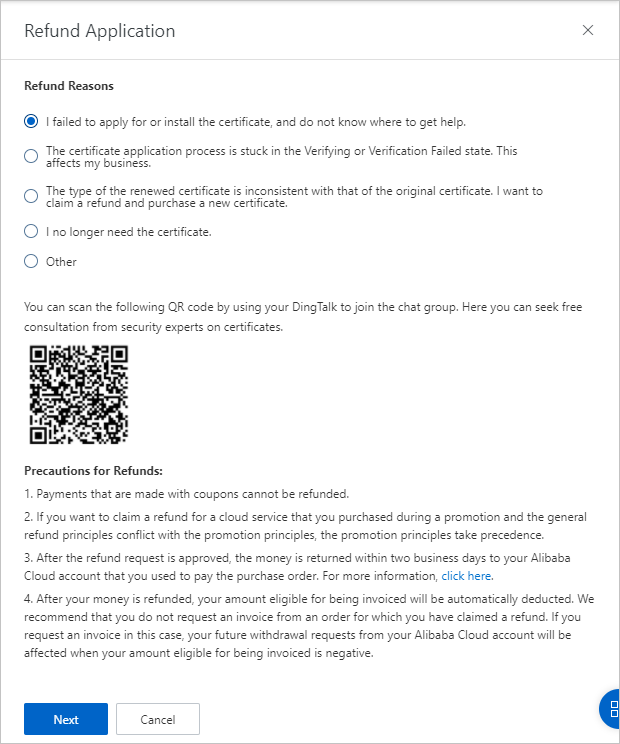 Request a refund for an SSL certificate Refund Alibaba Cloud