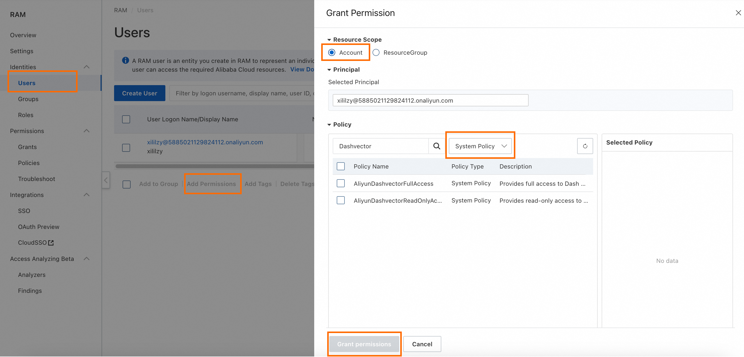Grant Permissions panel showing system policy selection