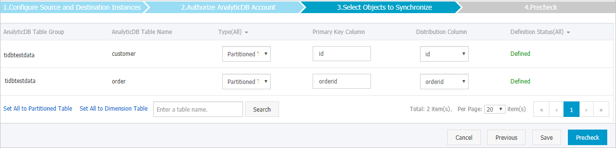 Specify a type for the tables that you want to synchronize to the destination database