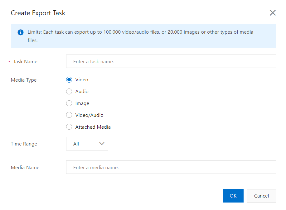 Create Export Task dialog box