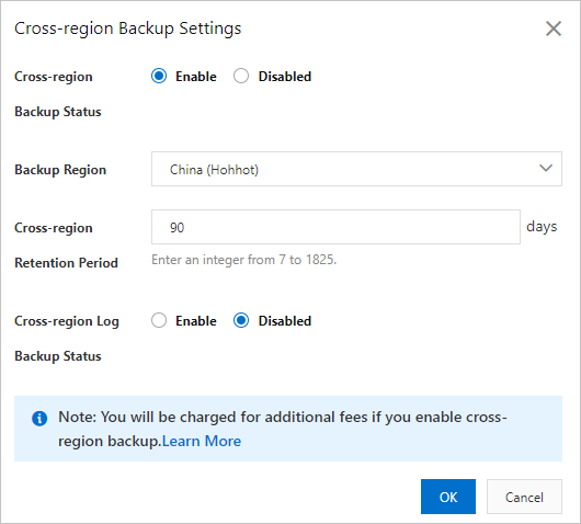 Cross-region Backup Settings dialog box