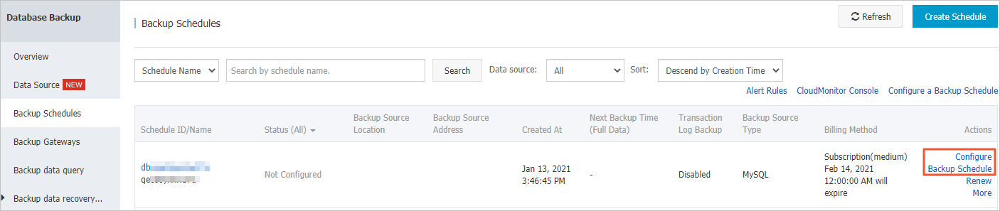 Configure a backup schedule for MySQL data