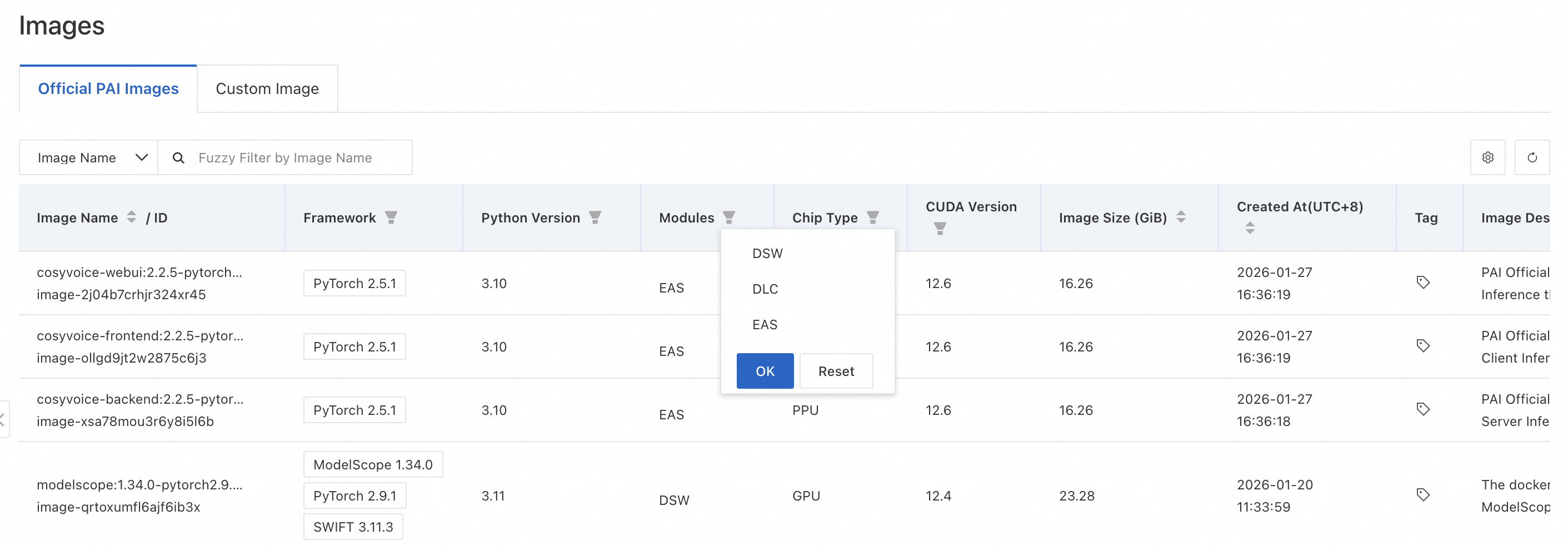 Official PAI Images page showing DLC module selection