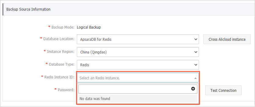 No ApsaraDB for Redis instance can be selected