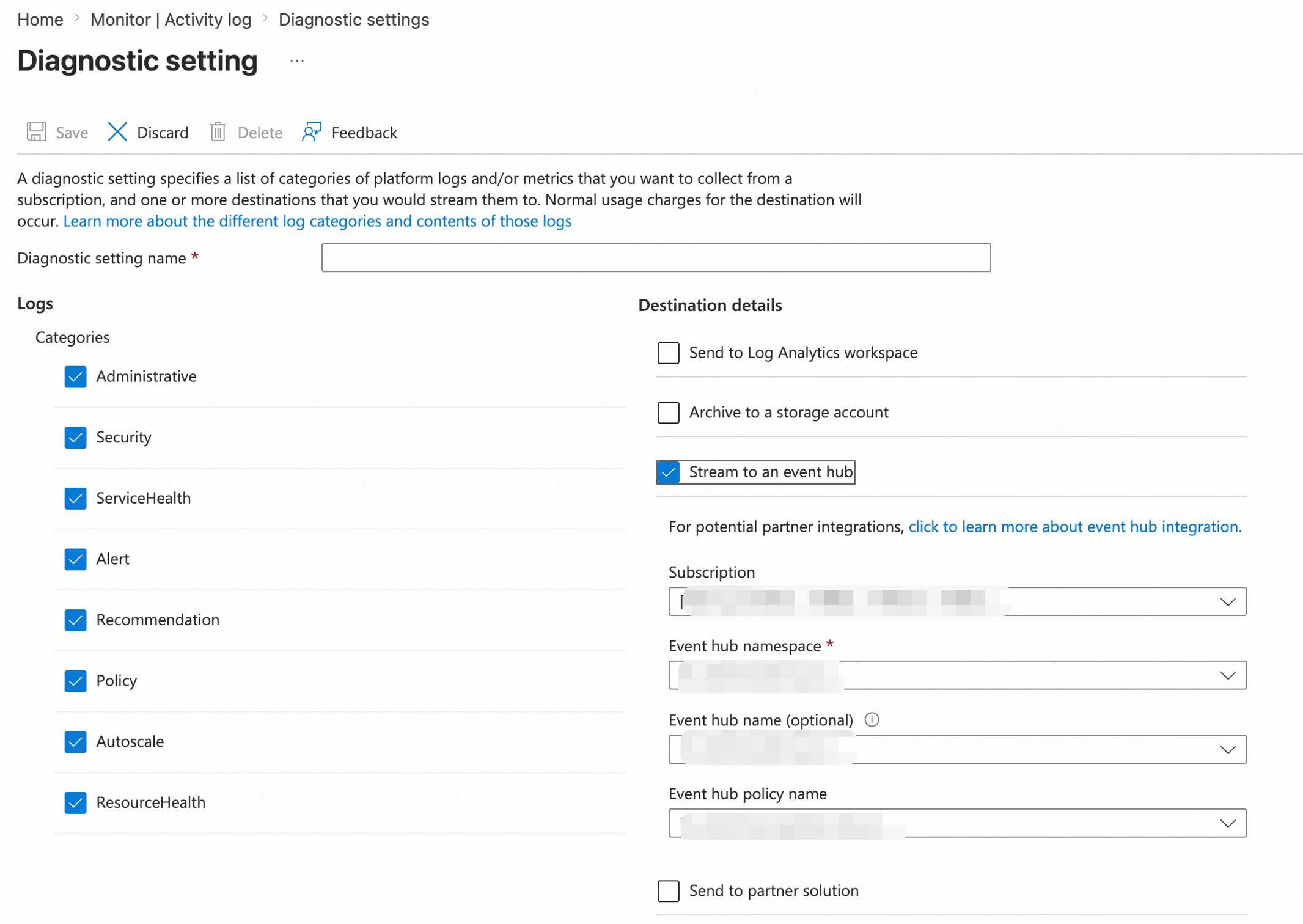 Add diagnostic setting for Activity Log