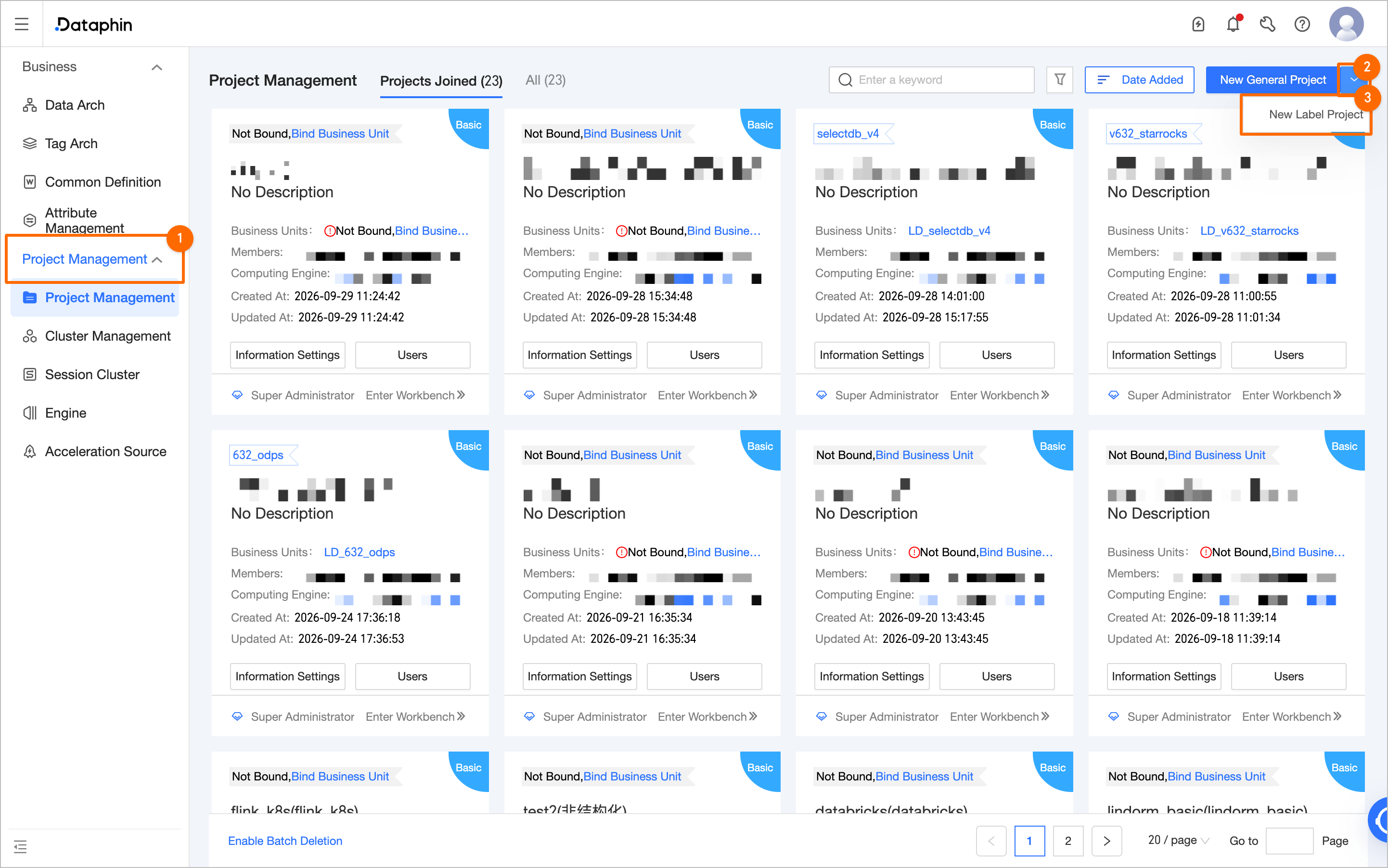 Entry for creating a label project on the Project Management page