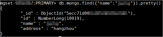 Query result for the MongoDB database