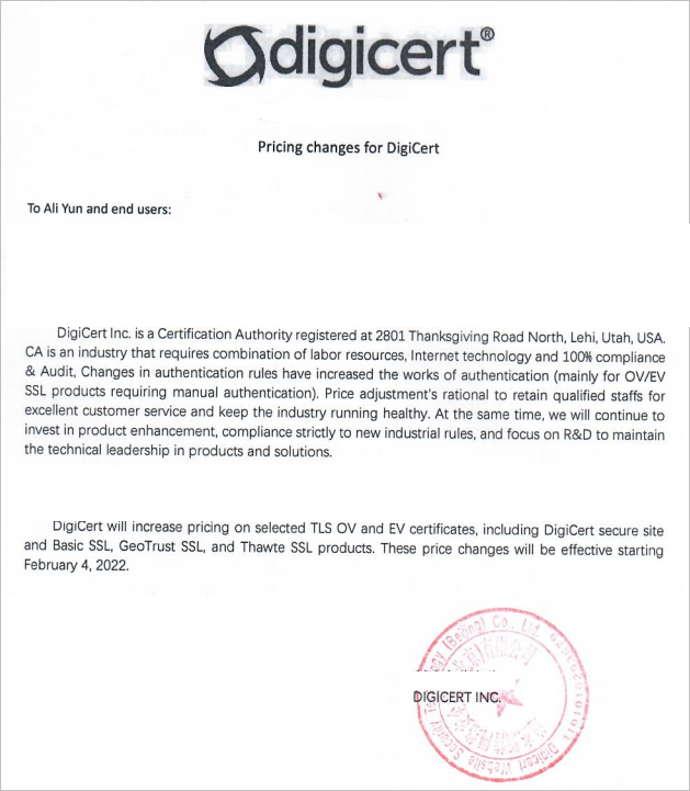 Notice on price adjustment from DigiCert