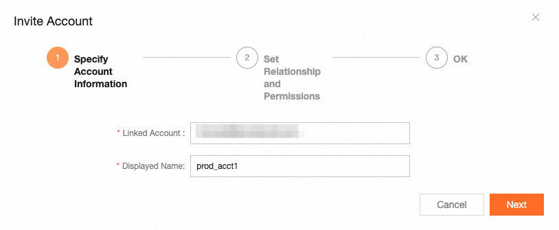 Enter account ID and nickname in the Invite Linked Account dialog box