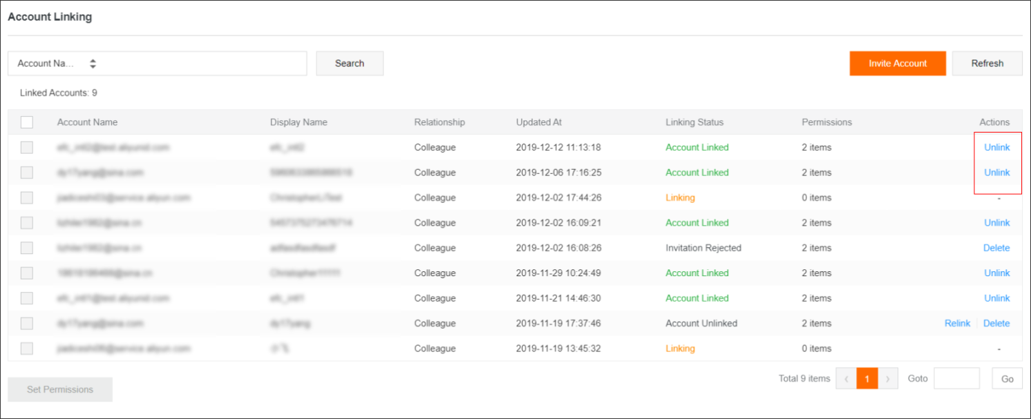 Dissociate button next to a linked account