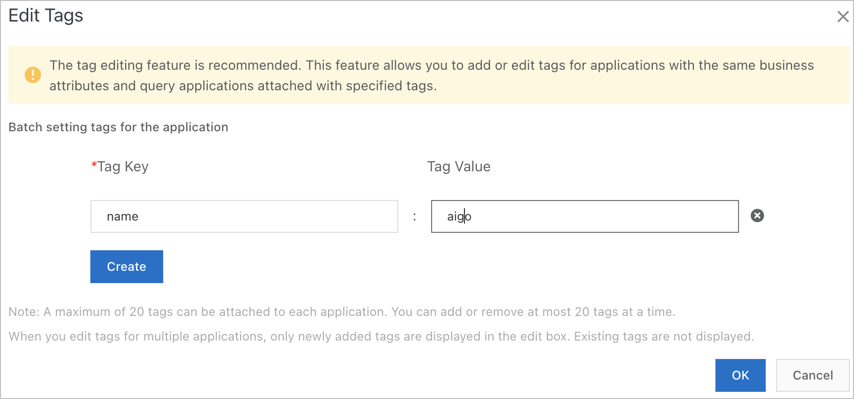 Set the tag key and tag value