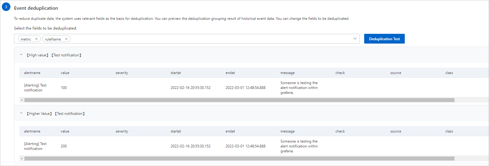 Event deduplication for Grafana integration