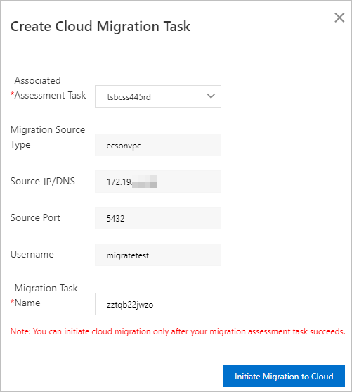 Create Cloud Migration Task dialog box