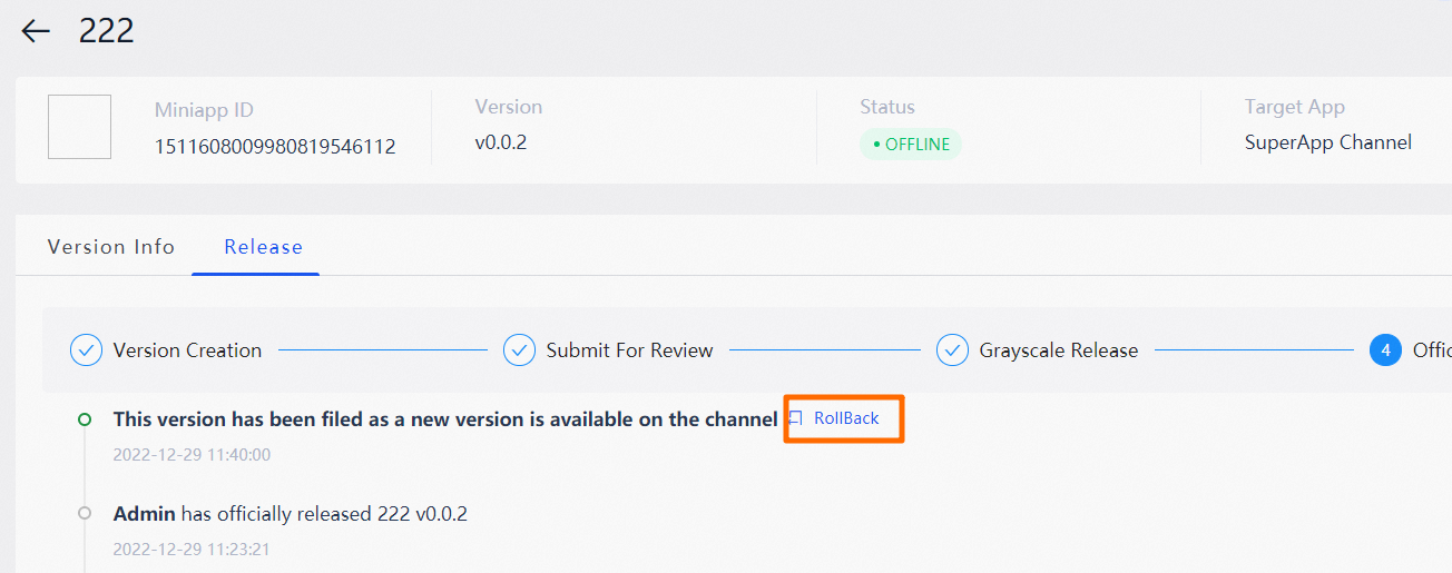 Roll back a version - SuperApp - Alibaba Cloud Documentation Center