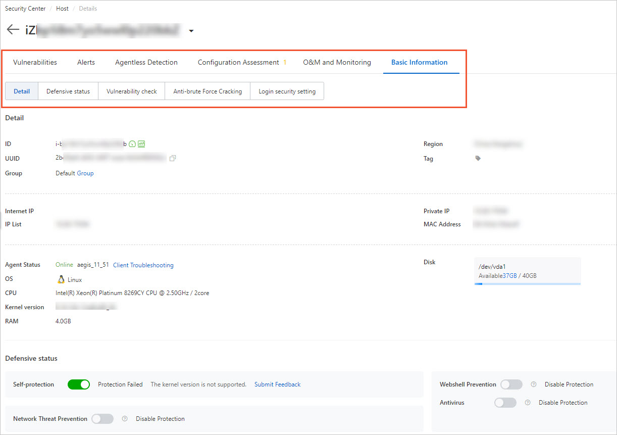 Instance Details page in the Security Center console