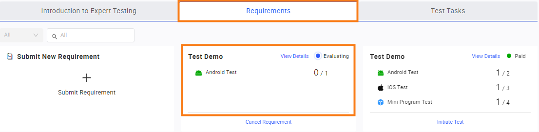 Submit a test requirement 