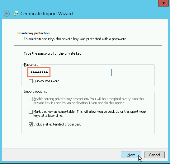 Enter the private key of the certificate