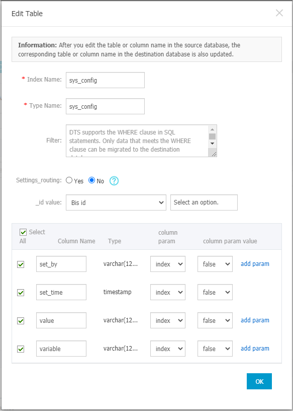 Configure parameters such as the index name