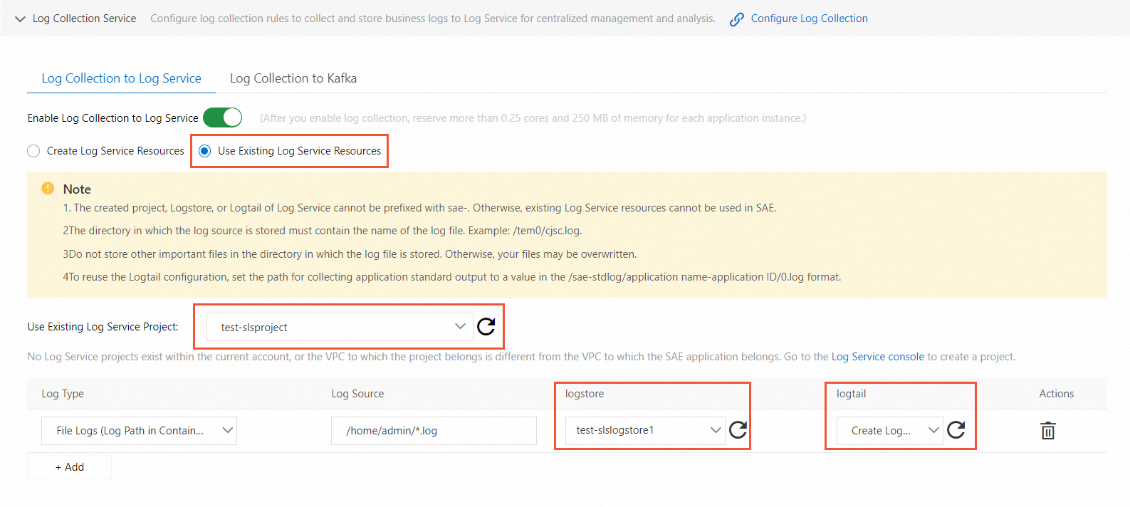 Configure log collection by using existing Log Service resources ...