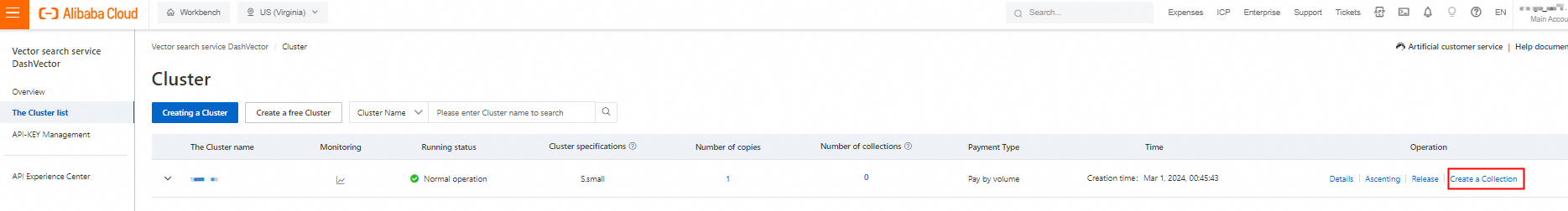 Clusters page with Create a Collection button