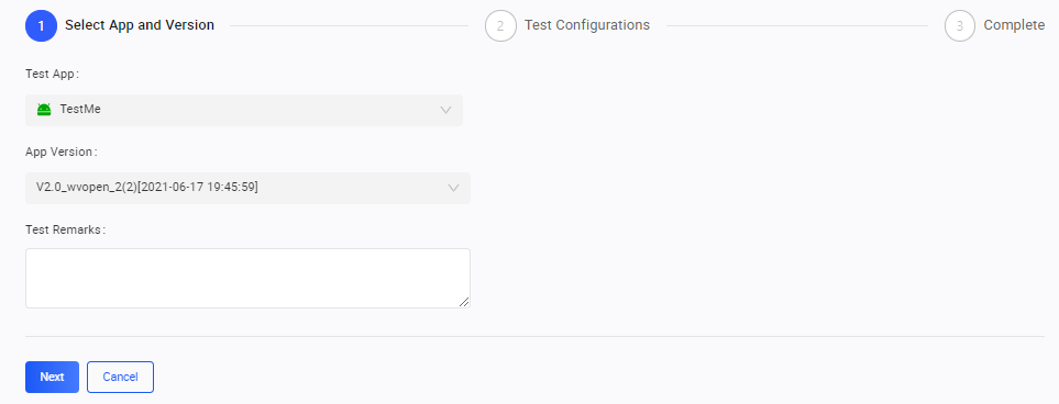 Test Configurations page