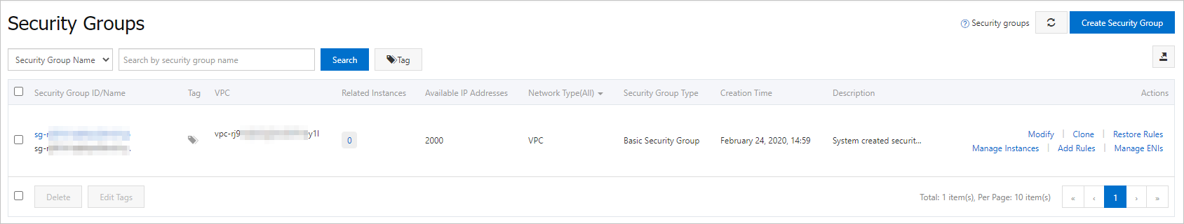Security group creation result