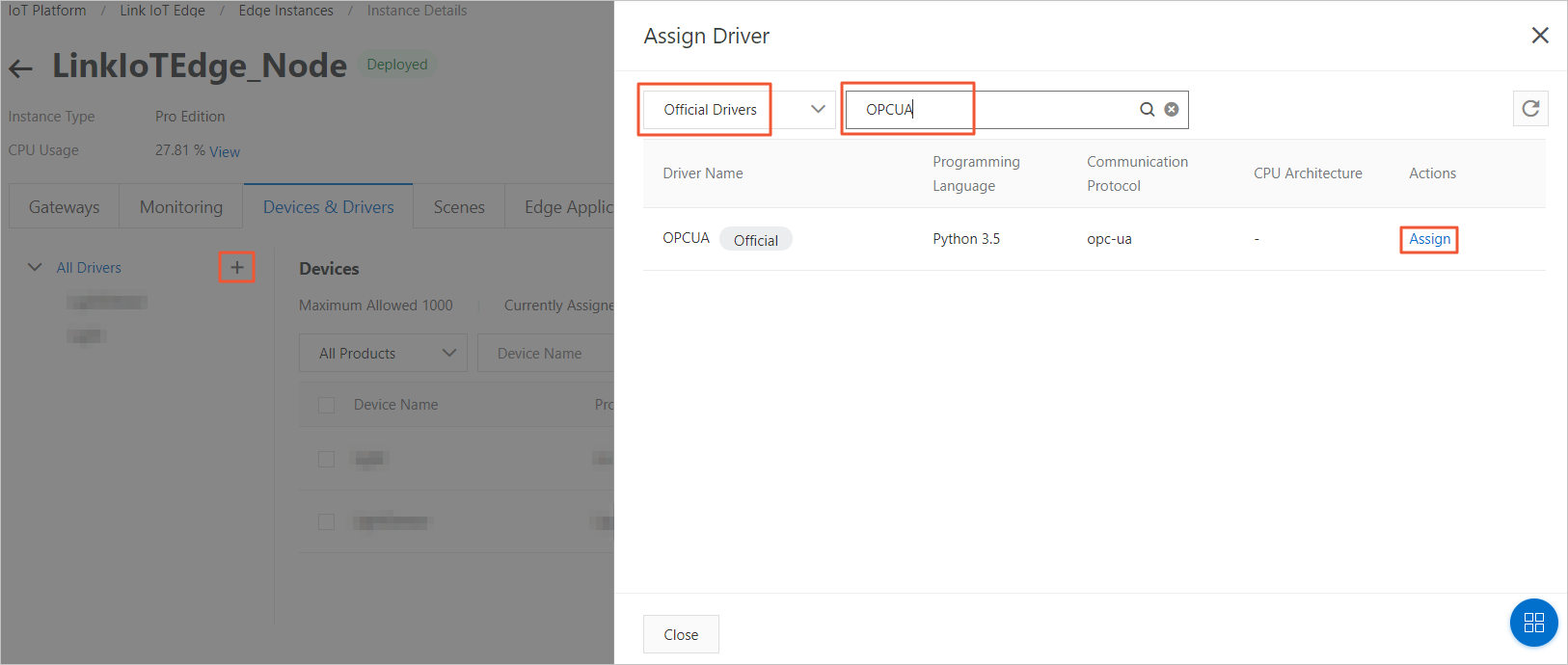 Assign an OPC UA driver to an edge instance