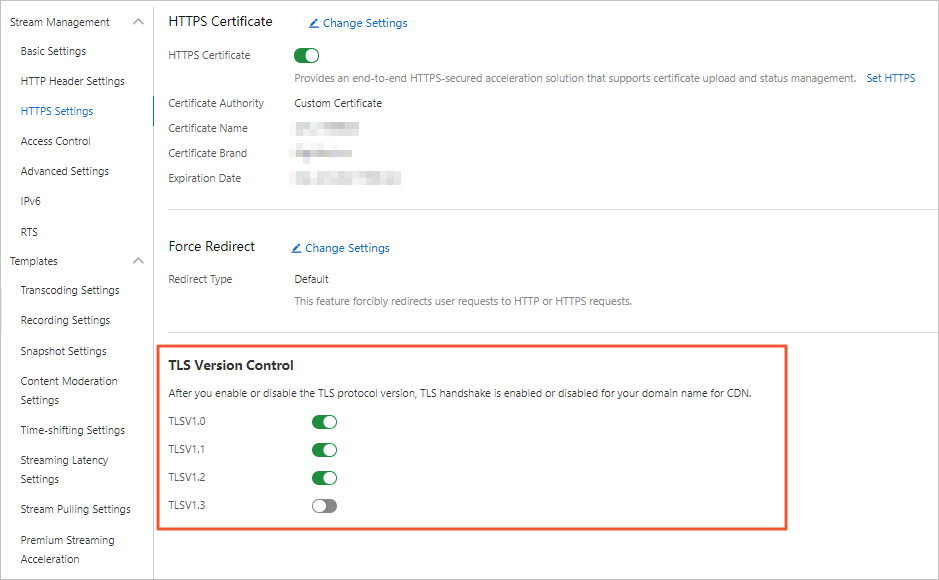 Configure TLS versions