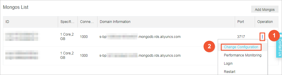 Change the specifications of a mongos node