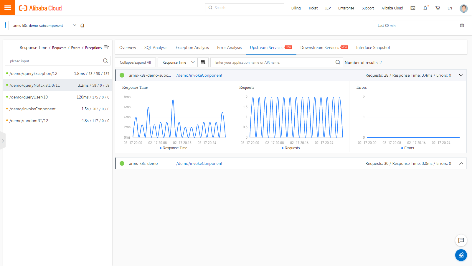 ARMS Application Monitoring - Interface Invocation - Upstream Services