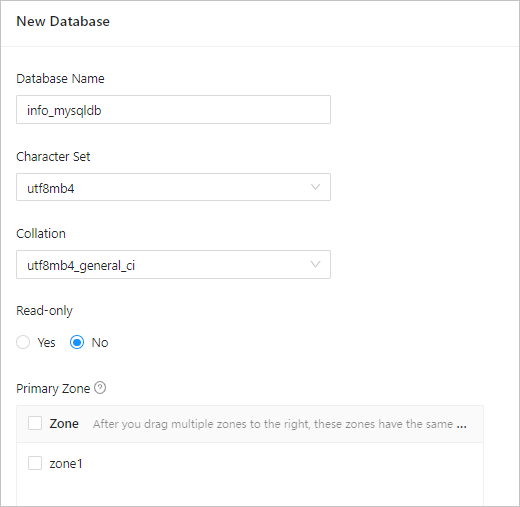 Create Database panel
