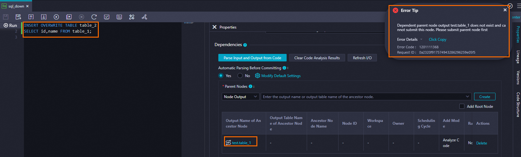 The output name for a parent node dependency does not exist