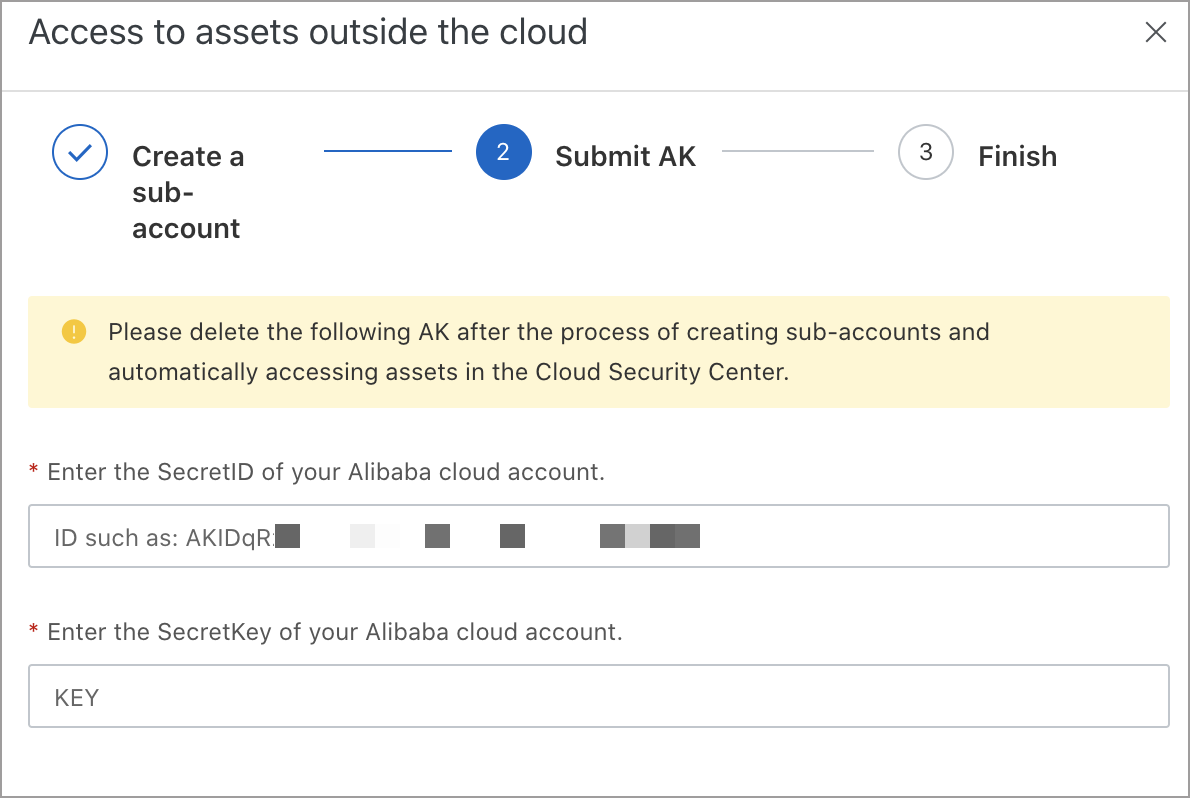 Enter the AccessKey pair of the sub-account