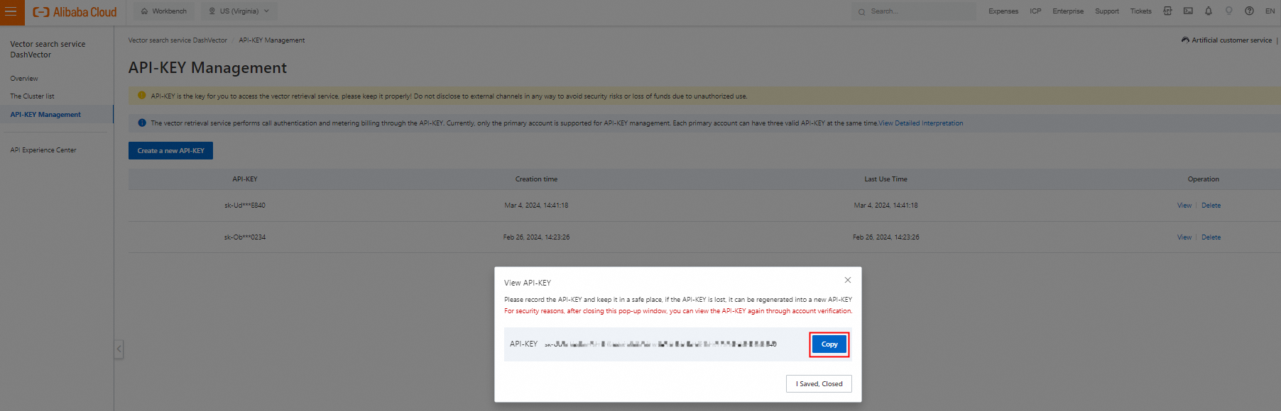 Manage API keys - Vector Retrieval Service - Alibaba Cloud ...