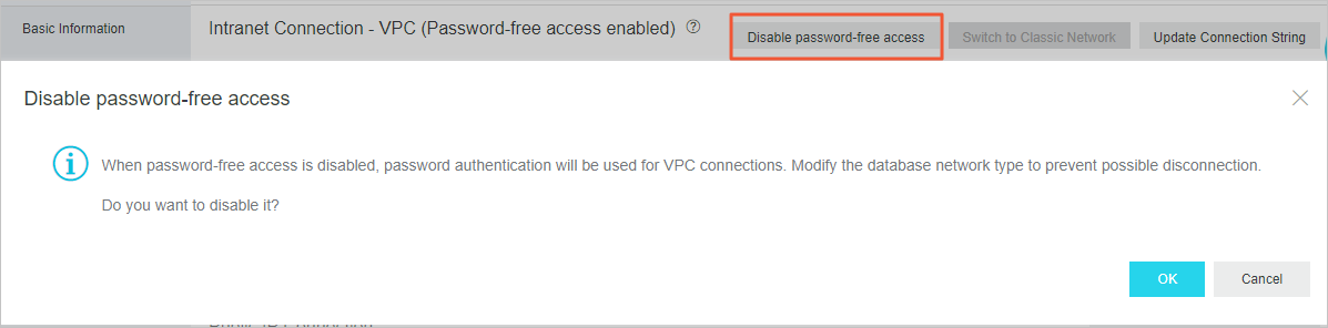 Disable password-free access over a VPC