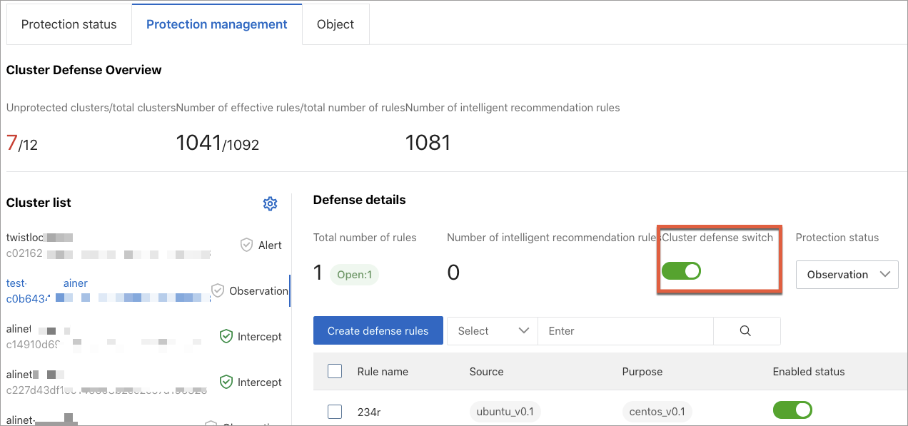 Turn on Cluster defense switch